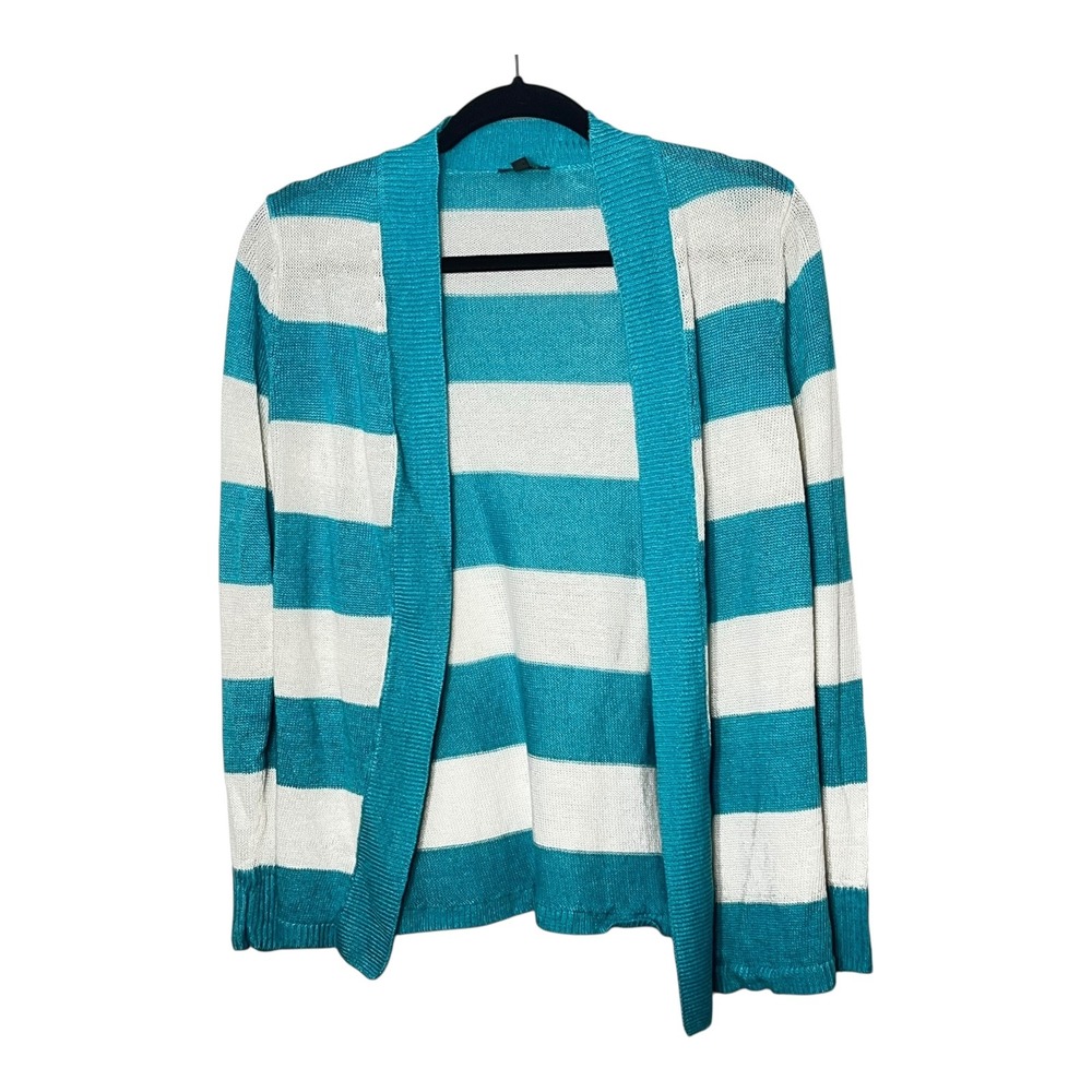 Talbots Women MP Petite Turquoise Blue White Striped 100% Linen Cardigan Sweater